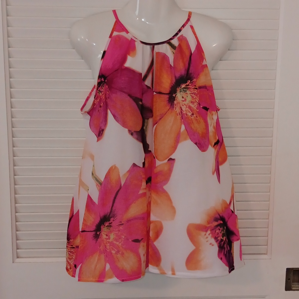 Worthingon Floral Halter Top Size L Orange Yellow, Pink, White
